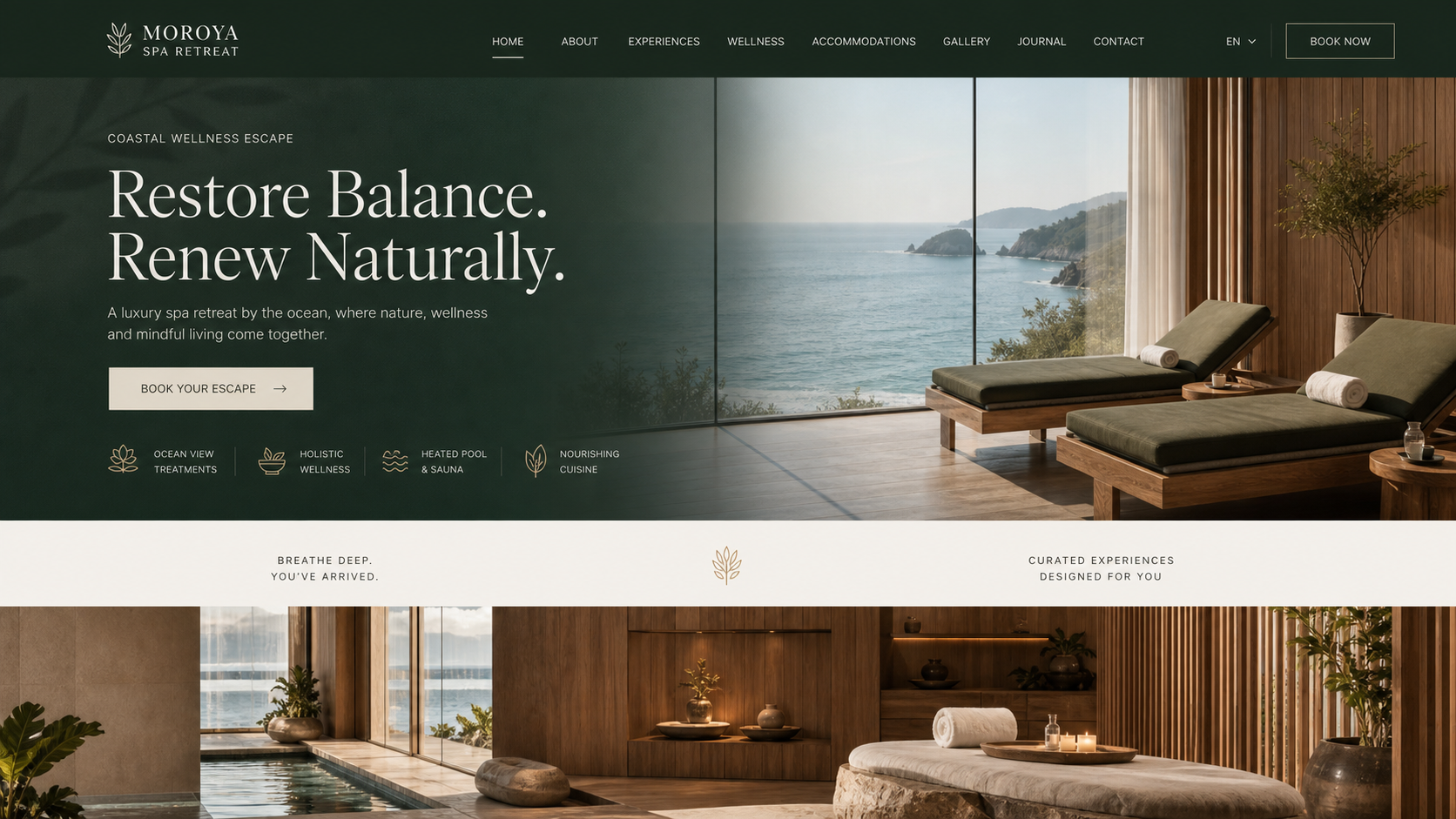 Luxury spa retreat booking website mockup