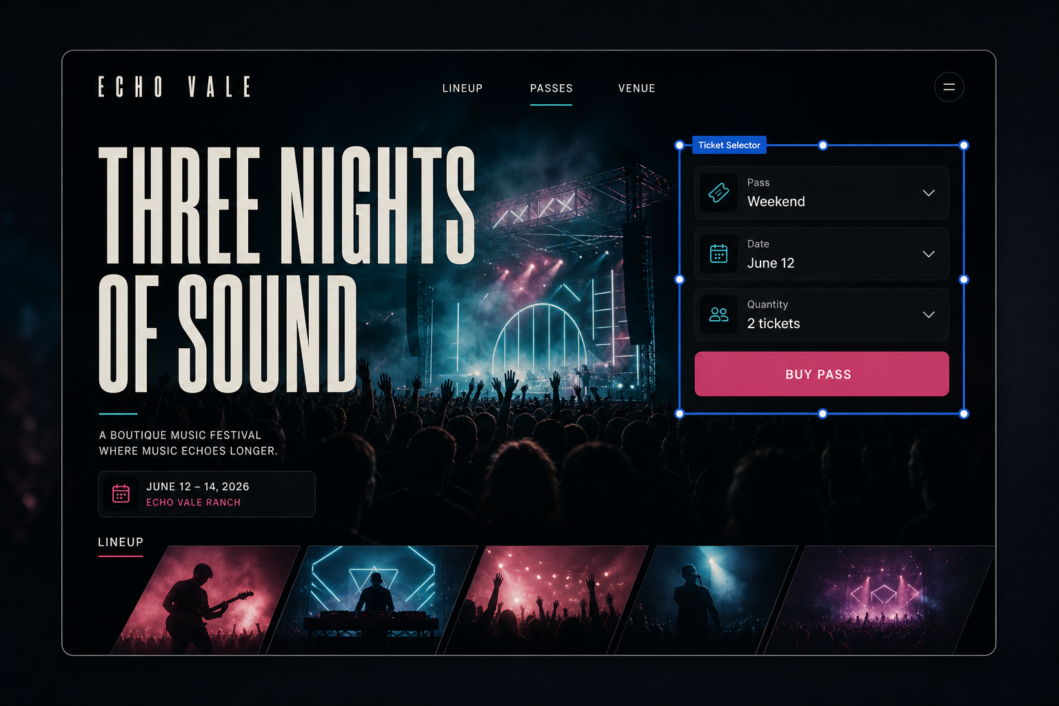 ECHO VALE premium music festival ticketing website template