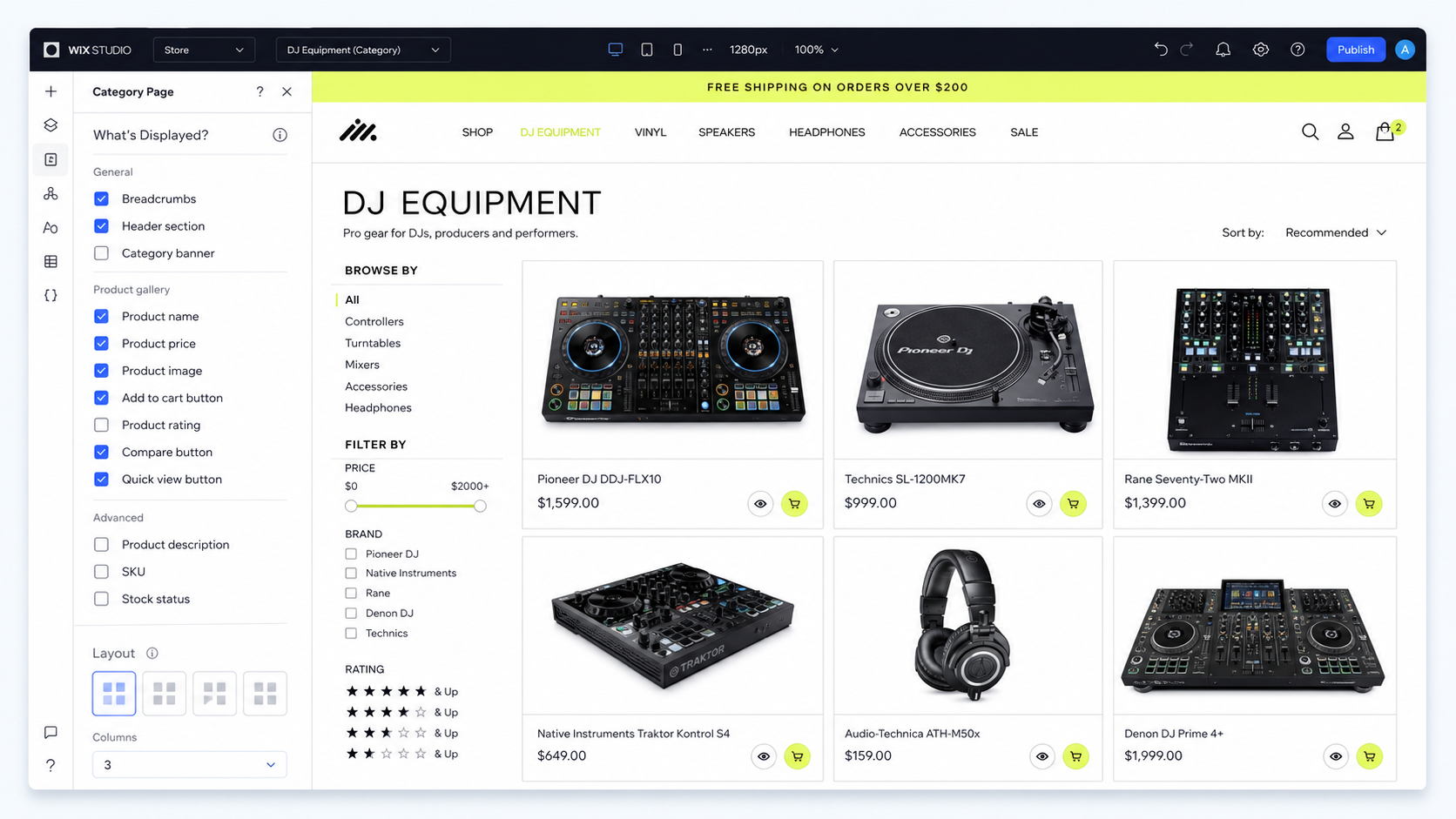 Wix Studio category page editor mockup