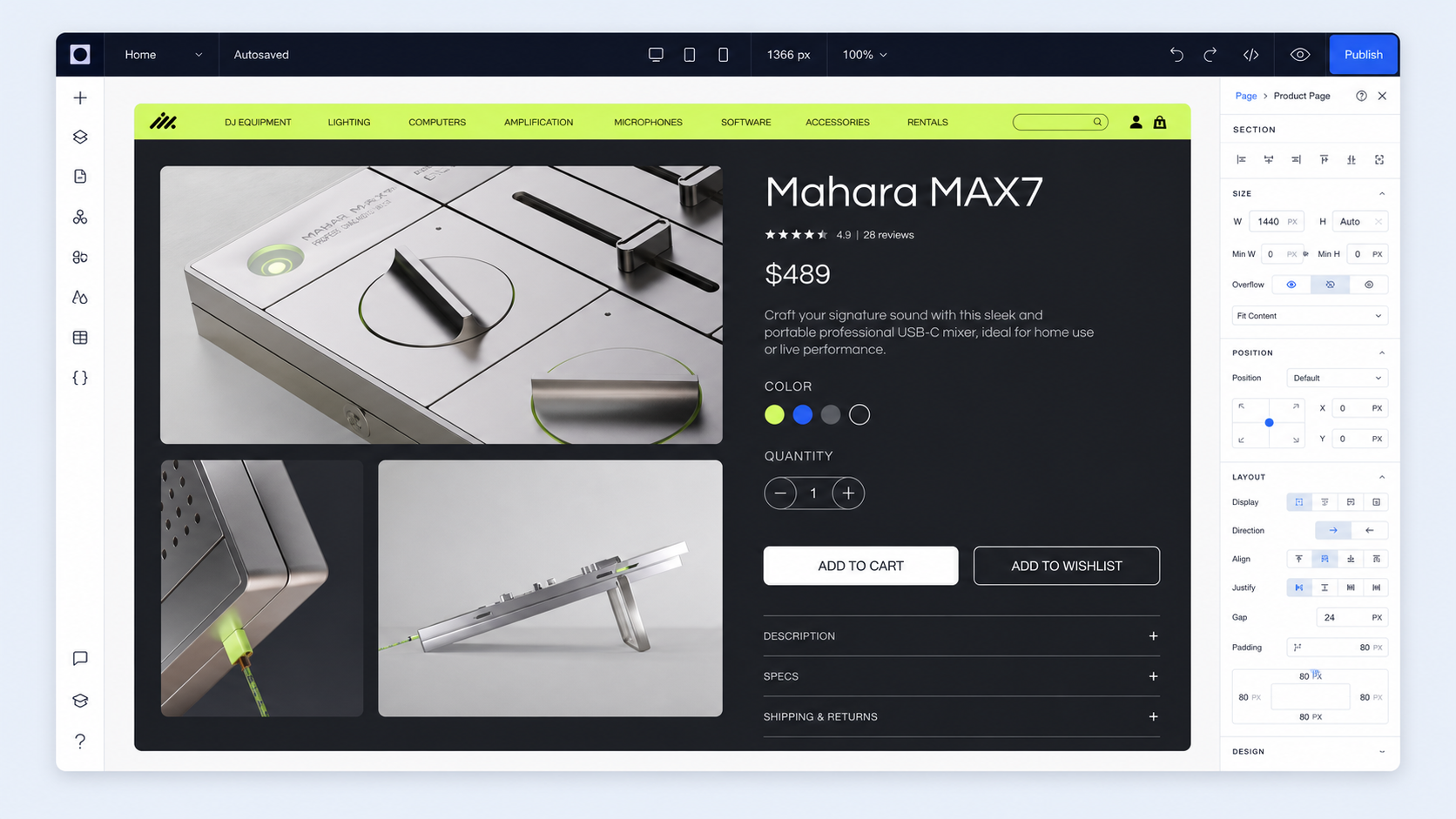 Wix Studio product page editor mockup