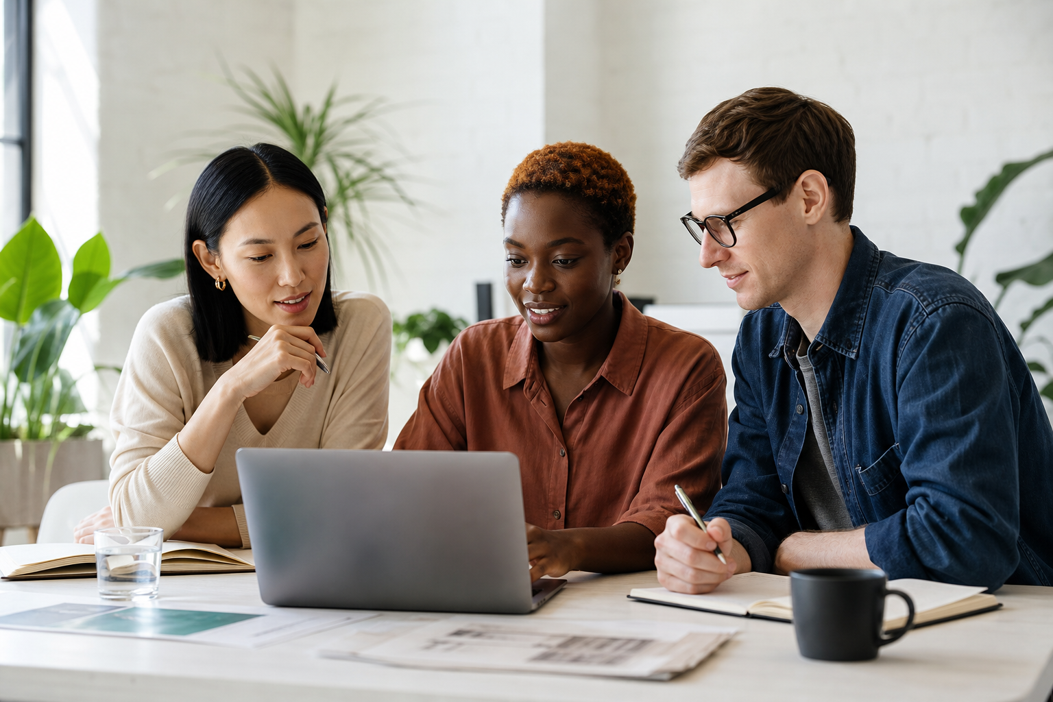Creative professionals collaborating around a laptop