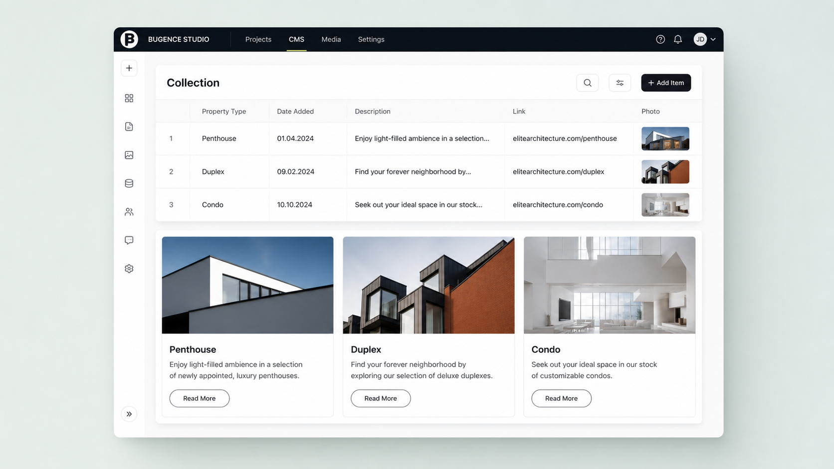 Bugence code-free CMS collection preview
